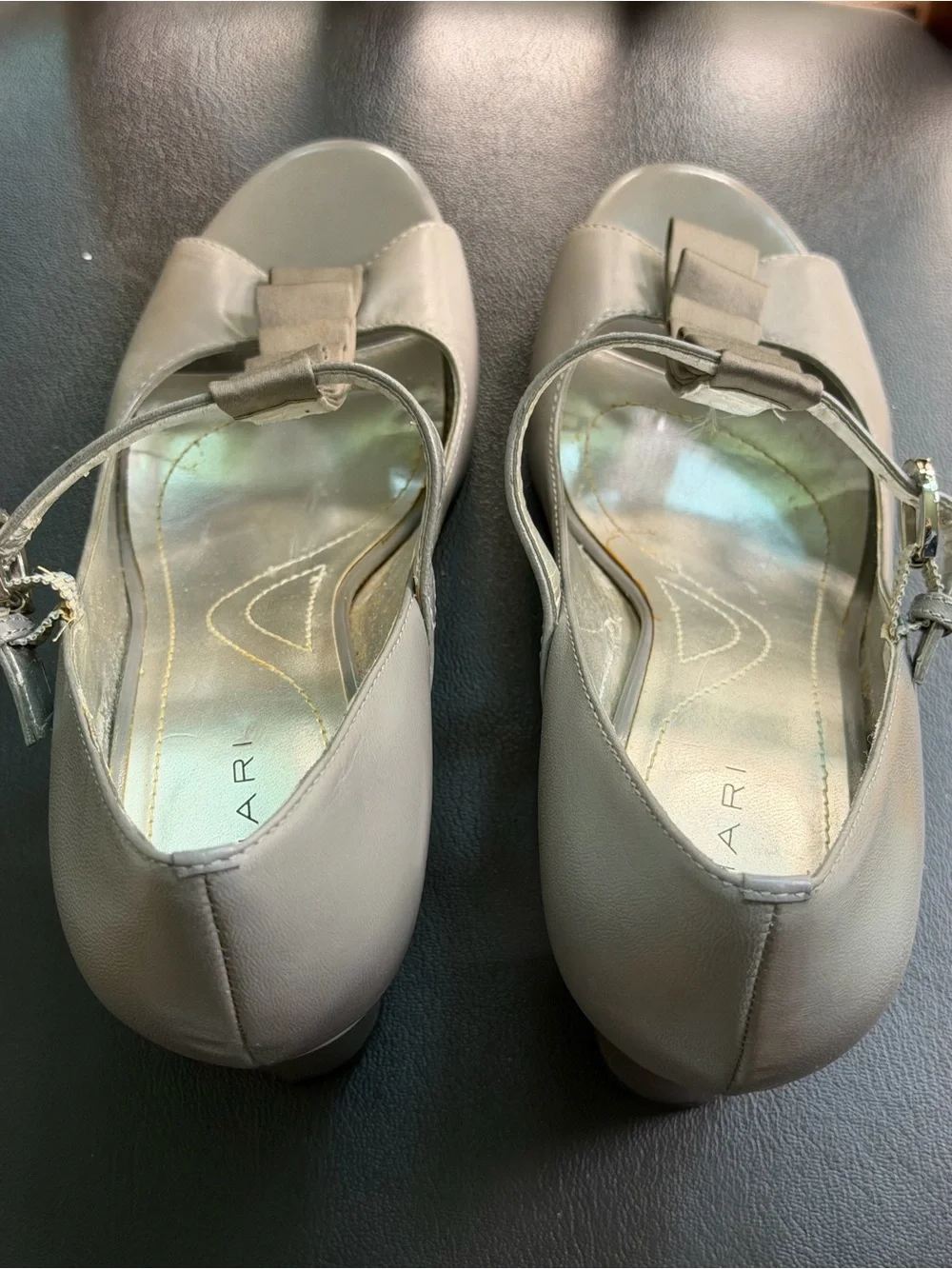 Tahari Gray Mary Peep-Toe T-Strap Heels with Ruffle Accent
